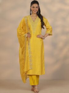 Libas Women Ethnic Motifs Printed Regular Mirror Work Kurta with Trousers & With Dupatta