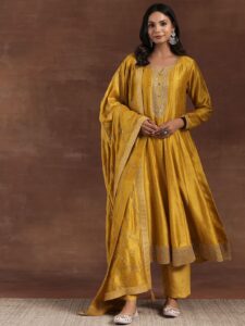 Libas Geometric Woven Design Notch Neck Zari Straight Kurta With Palazzos And Dupatta