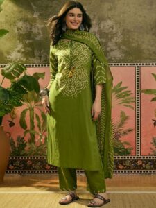 Sangria Printed Round Neck Kurta Trousers & Dupatta