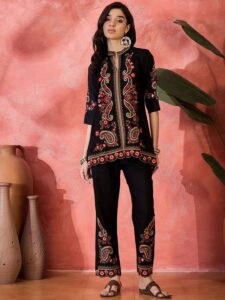 Sangria Embroidered Top & Straight Trousers Co-Ord Set