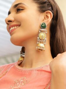 Silver & Gold Dual-Plated Oxidised Long Emerald Stone Gold & Silver Beads Jhumka