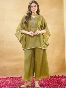 Women Silk Kaftan With Spaghetti Blouse And Palazzo