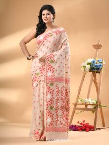 WoodenTant Floral Printed Pure Cotton Jamdani Saree