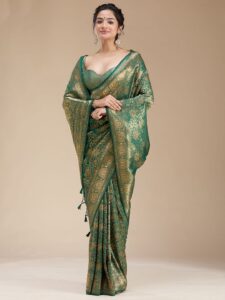 Koskii Women Zariwork Bottle Green Silk Saree With Unstitched Blouse