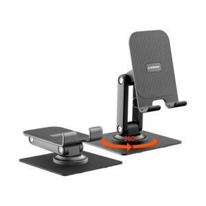 Ambrane 360° Rotation, Foldable Design Mobile Stand with Stable Metalic Round Base, Multiple Height & Angle adjustments Compatible with Smartphones, Tablets, Kindles & iPad