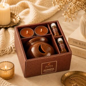 AuraDecor Jasmine Fragrance Gift Set with Ceramic Aroma Diffuser, Tealight Candles & Jasmine Aroma Oils