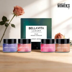 Bella Vita Organic Soy Wax Aroma Candles Set Of 4 Scented Aromatic Fragrance Vanilla, Cinnamon, Lavender & Rose For Gifting Home