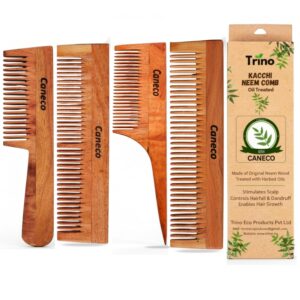 Caneco Wooden Comb for Women Hair Growth – Kacchi Neem Wooden Comb Infused with 17 Herbs Neem & Sesame Oil