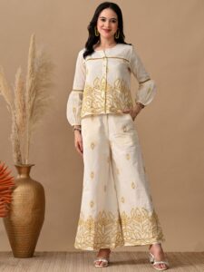 Myshka Embroidered Ethnic Motif & Laced Pure Cotton Shirt & Trousers Co-Ord Set