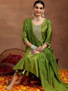 Gerua By Libas Ethnic Motifs Yoke Design Sequinned Straight Kurta With Trousers & Dupatta