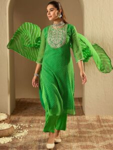 Indo Era Leheriya Printed Straight Sequinned Georgette Kurta with Trousers & Dupatta