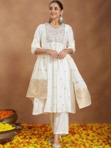 Janasya Floral Embroidered Pleated Sequinned Chanderi Silk Kurta With Trousers & Dupatta
