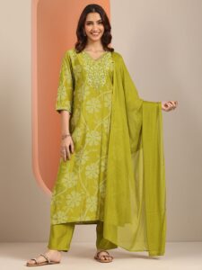 Libas Bandhani Printed Thread Work Straight Kurta With Trousers & Dupatta