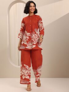Libas Women Floral Printed Mandarin Collar Tunic With Palazzos Co-Ords