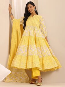 Libas Womens Yellow Printed Cotton Anarkali Kurta With Trousers & Dupatta