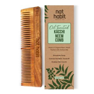 Nat Habit Kacchi Neem Wooden Comb, Soaked In 17 Herbs Neem & Sesame Oil For Multi-Actions - Detangling, Frizz Control & Shine