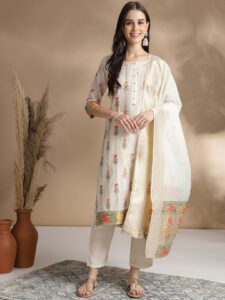 RAJGRANTH Regular Chanderi Cotton Kurti with Trousers & Dupatta