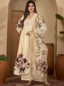 Women Floral Printed Panelled Thread Work Kurta with Trousers With Dupatta