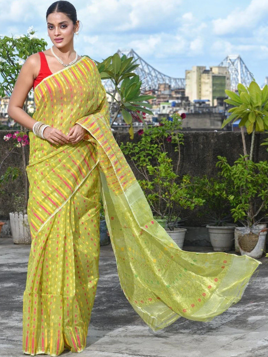 ARQIVO Woven Design Zari Silk Cotton Handloom Jamdani Saree