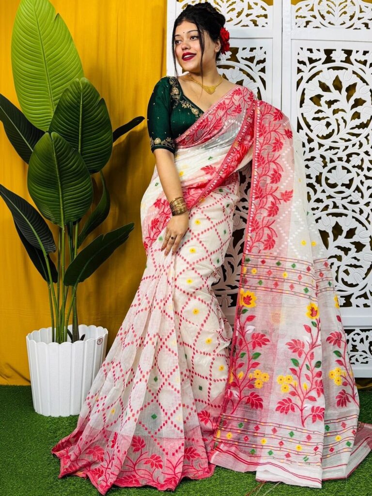 Basana Saree Kuthir Floral Woven Design Silk Cotton Jamdani Sarees