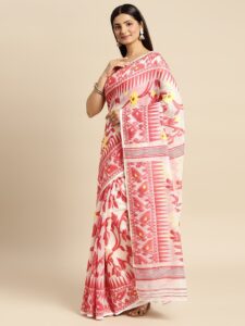 DESH BIDESH Red & White Ethnic Motifs Pure Cotton Jamdani Saree
