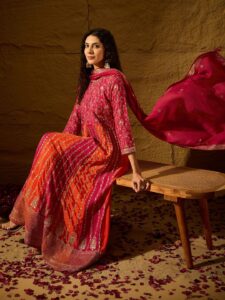 House of Pataudi Embroidered Round Neck A-Line Ethnic Dresses