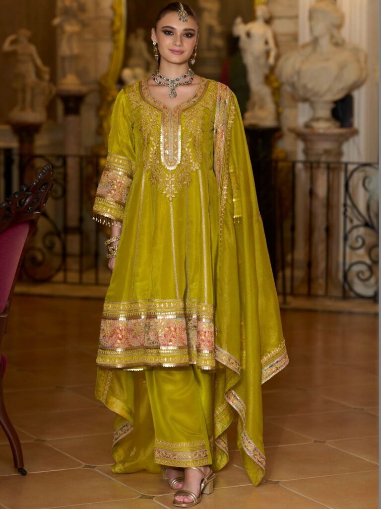 House of Pataudi Embroidered V-Neck Anarkali Kurta & Trousers With Dupatta