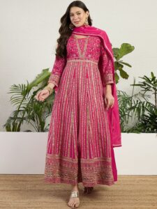 House of Pataudi Women Embroidered Square Neck A-Line Ethnic Dresses