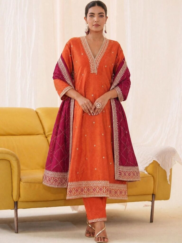 House of Pataudi Women Ethnic Motifs Embroidered Regular Kurta with Trousers & With Dupatta