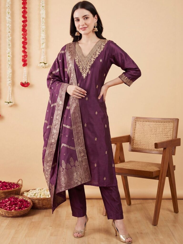 Indo Era Women Ethnic Motifs Embroidered Regular Thread Work Kurta with Trousers & With Dupatta