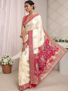Libas Art Ivory Ethnic Woven Design Satin Saree with Unstitched Blouse Piece