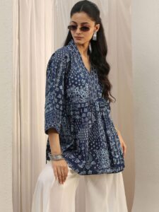 Libas Blue Ethnic Printed Cotton A-Line Short Kurti