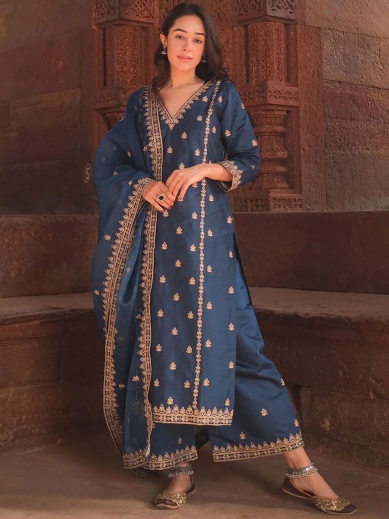 Royal Export Floral Embroidered Sequinned Straight Kurta with Palazzos & Dupatta
